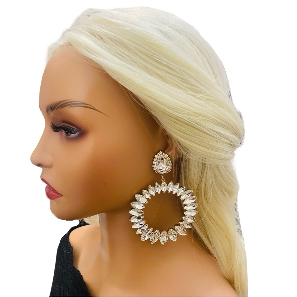 Luxurious 22K Golden-Plated Crystal Hoop Dangle Statement Earrings